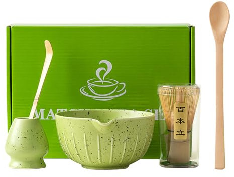 Matcha Tea Set with Whisk and Bowl, Matcha Whisk Matcha Spoon Ceramic Matcha Whisk Holder Matcha Ceremony Kit(Green)
