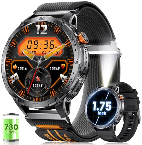 ESFOE Reloj Inteligente Hombre con Batería Grande de 730mAh, 1,75'' AMOLED Smartwatch Hombre con 110+ Deportes, Ritmo Crdíaco 24/7, SpO2, IP68 Impermeable Militar Smartwatch para Android iOS