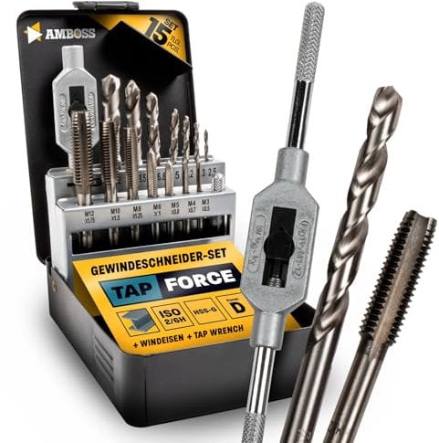 Gewindeschneider Set Metrisch, M3 - M12, 15tlg. HSS-G/Windeisen/Amboss Tap Force/Gewindeschneidsatz, Gewindeschneidsortiment, Schneidsatz, Gewindebohrer Set / M3 & M4 & M5 & M6 & M8 & M10 & M12
