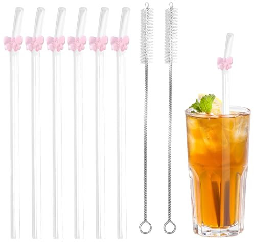 6PCS Glass Straws, Glass Straws Reusable, Clear Glasses Straw with Bows, Reusable Bent Straws with 2 Cleaning Brush for Smoothie, Milk, Coffee, Cocktail, Water, Juice (Style 1)