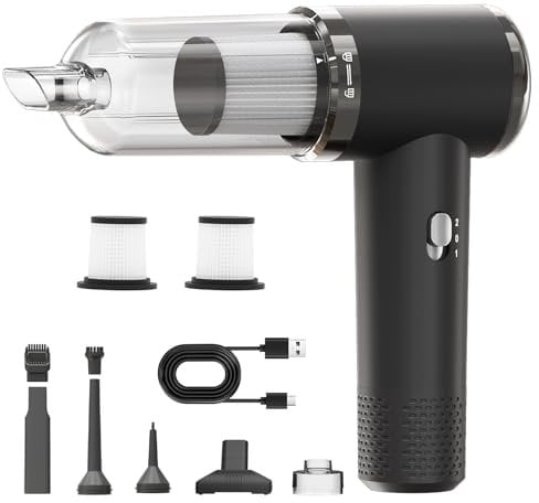 Aspirador de Mano, 12000Pa Mini Aspiradora de Mano Sin Cable para Coche y Hogar, 3 en 1 Aspirador Coche Potente 5200mAh Aspiratore Auto con Carga USB, Eliminación Pelo Mascotas + 2 Filtros Lavables
