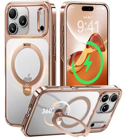 CASEKOO Rose Gold for iPhone 17 Pro Max Case with 360 Integrated Magnetic Stand [Compatible with MagSafe] [16FT Military Protection] Clear Shockproof Phone Case for iPhone 17 Pro Max Cover