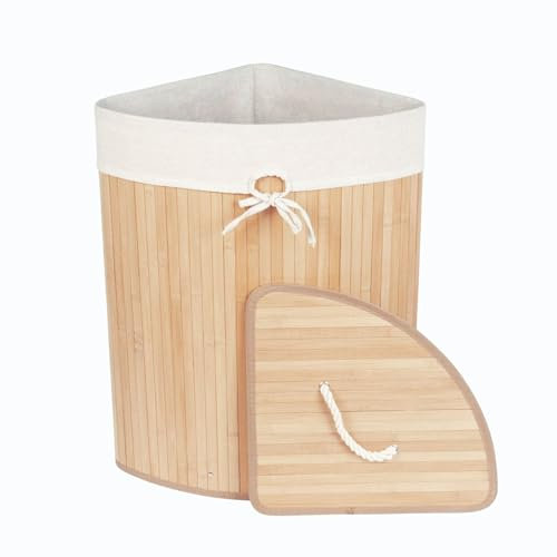 NUXIO Eckwäschekorb aus Bambus ARCO – 60 L Wäschekorb mit Deckel – Wäschebehälter mit Wäschesack 35 × 35 × 60 cm