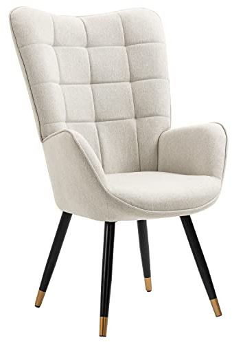 FURNISH 1 Fauteuil en Tissu avec Assise Rembourrée Chaise de Relaxation Scandinave avec Dossier Épais Pieds en Métal Noir et Doré au Design Élégant de Surpiqûres Grille Beige