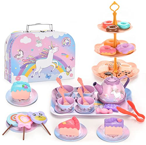 48 Stück Teeservice Spielzeug,Kunststoff-Tee-Party-Set mit Cupcake-Ständer und Lebensmittel Dessert,Wiederverwendbare Küche Spielzeug Utensilien Set,Vorgetäuschtes Rollenspiel für Alter 3+