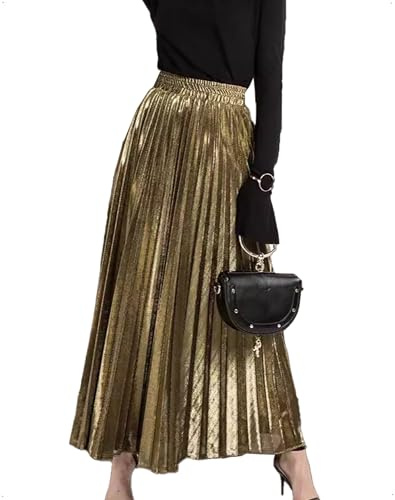 EMOTTOS Damen Herbst Winter Maxi Metallisch Rock, A-Linie Glänzendem Plisseerock mit Elastischer Hohe Taille, Elegant Casual Lang Skirt für Party Hochzeit Büro, Gold, One Size