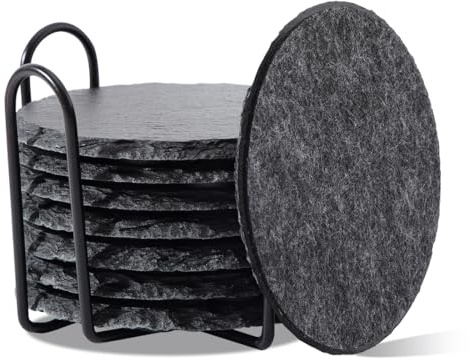 Schiefer Untersetzer mit Halter für Gläser 8er Set - 10 cm runde Filz-Untersetzer in Dunkelgrau - Glasuntersetzer, Tischuntersetzer & Getränkeuntersetzer für Bar, Tassen