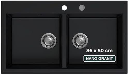 SINK QUALITY Lavello doppio nero 86 x 50 cm, doppio lavello con sifone e impregnante, lavello in granito 2 vasche – lavello da cucina a partire da mobile sottolavello da 85 cm