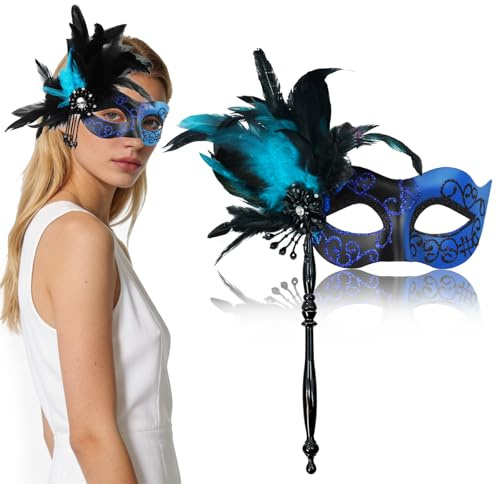 Huanmin 2026 Neue Venezianische Maske Damen mit Federn & Griff, Maskenball Maske Elegante Damen mit Pailletten, Strass & abnehmbarem Stab, faschingsmasken für Karneval, Fasching, Halloween & Party
