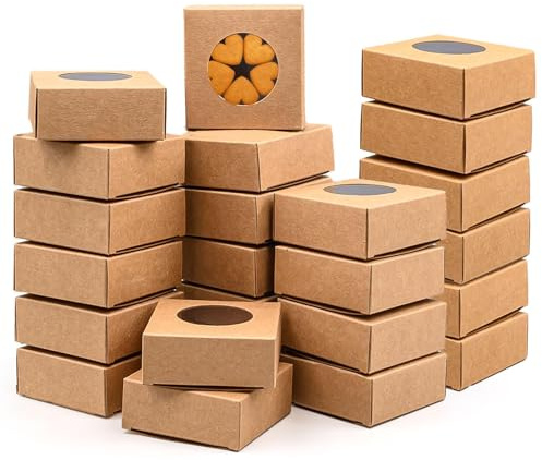 TESIN 100 Stück Kraftpapier Box mit Sichtfenster, 7,5 x 7,5 x 3 cm Kleine Braune Verpackung Boxen, Mini Cupcake Geschenkbox für Cookie, Süßigkeiten, Erdbeeren und Partygeschenke