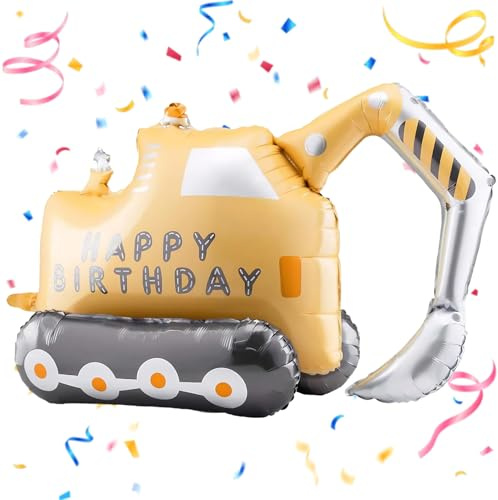 XXL Bagger Folienballon – Bagger Luftballons 77cm, Selbststehender Luftballon mit Papier-Trinkhalm für Baustellen-Geburtstagsparty – Kindergeburtstag Party Deko für Jungen