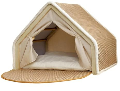 Katzenhaus Katzenzelt Sisal Kratzhaus, Katzenhaus Outdoor Winterfest, 2-in-1 Holz Katzenzelt für Zwei Katzen, 52x40x40cm, Beige