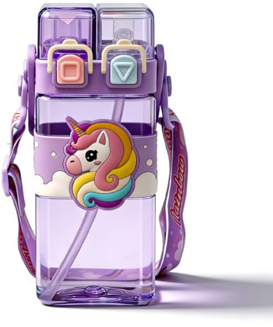 WFKKMEQ Unicornio Botella de Agua, 520ml Deportiva Cantimplora Portátil Botella de Agua Deportiva Kawaii Prueba de Fugas Reutilizable Botellas Aguas con Correa para Colegio, Running, Bicicleta