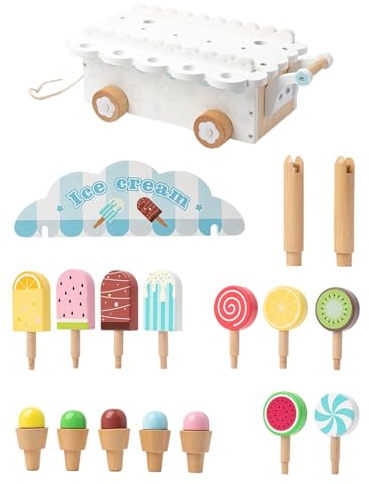 Spielzeug für Kinder, 32 cm, Holzwagen, fantasievolles Spiel, Eisdiele, Buche, mit Supermarkt, Restaurant, Küche, Einkaufen, Picknick, Geburtstag, , Mädchen, Alter 3-6