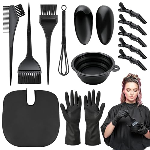 VAIAV Pinceau Coloration Cheveux 15 Pièces Kit Coloration Cheveux avec Cape de Coiffure Bol de Teinture, Pinceaux Gants Pince à Cheveux