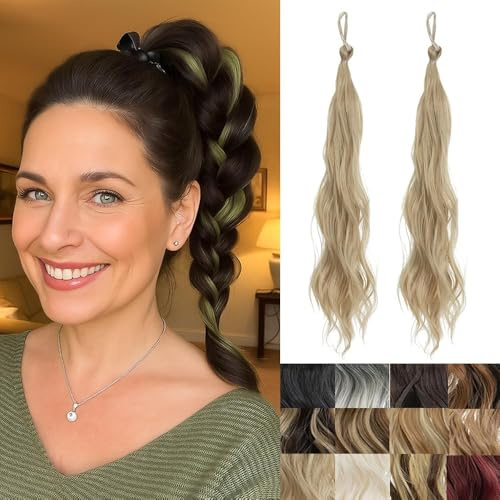 2-teilige geflochtene Perücke, Haarteil mit welligen und lockigen Scrunchies, synthetischer Dutt und Pferdeschwanz, Haarextensions, dickes Hochsteckfrisur-Haarteil für Frauen（Ash Blonde）