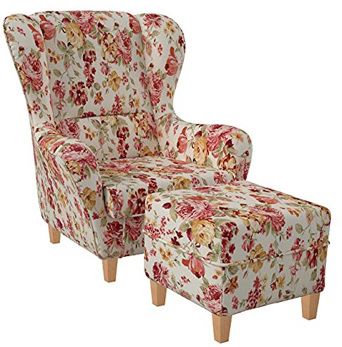 Supellex Ohrensessel »Sofia«, Design Pfingstrose, rot, beige (Design-Nr.: 5100), wahlweise mit Hocker