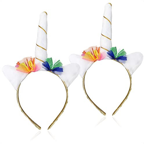 com-four® 2x Einhorn Haarreif - Haarschmuck mit Einhorn und kleinen Ohren in weiß - Haarreif für Halloween und Fasching (02 Stück - Einhorn weiß)
