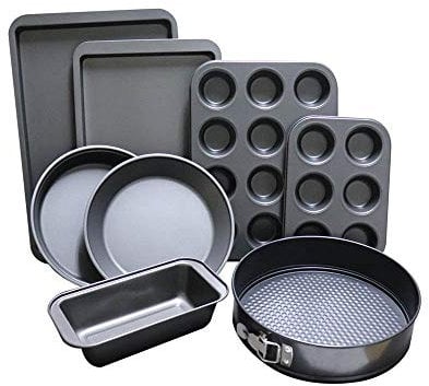 Juego de utensilios antiadherentes para hornear de 8 piezas, con bandeja para magdalenas, bandeja de horno, molde para pasteles, molde para pan y molde para tartas con forma de resorte