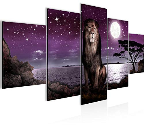Runa Art - Bilder Afrika Löwe 200 x 100 cm 5 Teilig XXL Wanddekoration Design Lila Grau 022951b
