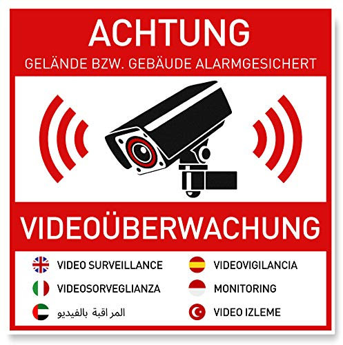7 x Aufkleber Videoüberwachung (10 x 10 cm) - Sticker für mehr Sicherheit - Rückseite Geschlitzt - Achtung Videoüberwachung - Warnhinweis - Videoüberwachung Aufkleber Mehrsprachig (10x10cm)