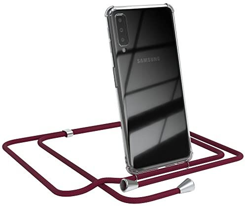 EAZY CASE Handykette kompatibel mit Samsung Galaxy A7 (2018) Handyhülle mit Umhängeband, Handykordel mit Schutzhülle, Silikonhülle, Hülle mit Band, Stylische Kette für Smartphone, Burgunder Rot