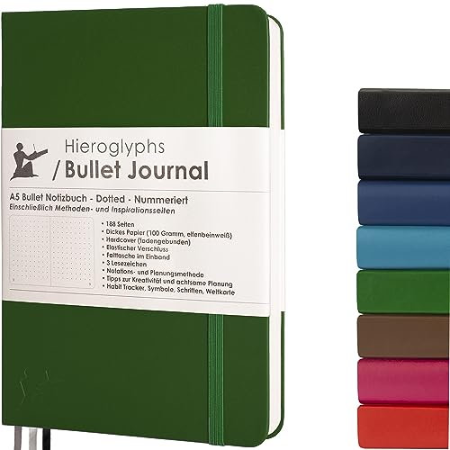 Hieroglyphs Notizbuch A5 mit Punktraster, Klassisches Bullet Journal, Notizbuch mit Vinylumschlag, 3 Lesezeichen, Elastikverschluss, Robuste gebundenes Buch, Grün