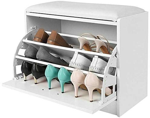 BAKAJI Banco Zapatero para Zapatos de Madera con Puerta abatible, Triple Profundidad y Asiento de Cuero ecológico, baúl de 60 x 30 x 48 cm (Blanco)