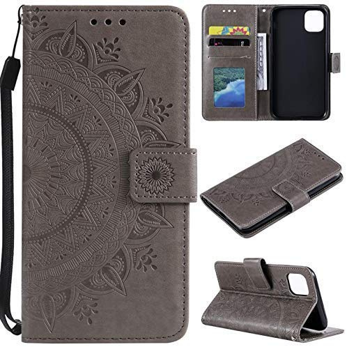 CoverKingz Handytasche kompatibel mit iPhone 11 [6,1 Zoll] - Handy Case mit Kartenfach Handyhülle - Flipcase klappbar Motiv Mandala Grau