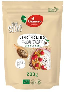 El Granero Integral - Vita Seeds Lino Molido con Trigo Sarraceno, Almendras, Coco y Nibs de Cacao - 200 g - Fuente de Proteínas y Ácidos Grasos Omega-3 - Aportan Energía - Apto para Veganos