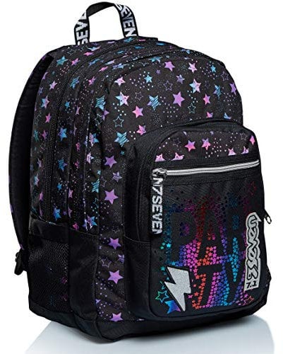 Seven Rucksack, für Schule, Sport und Freizeit, Geräumige Schultasche für Teenager, Mädchen und Jungen, mit Trinkflaschenfach, schwarz, praktisch mit USB-Anschluss, BROADER Dance Party