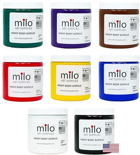milo Acrylic Paint Set of 8 Colors | 8 ounce Jars | Heavy Body Acrylic Painting Set | Made in the USA | Non-Toxic, Holds Texture and Brush Strokes