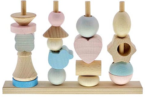 Hess Holzspielzeug 14966 - Steckspiel aus Holz mit 18 Bausteinen in verschiedenen Formen, für Babys ab 12 Monaten, handgefertigt, Nature rosa/blau