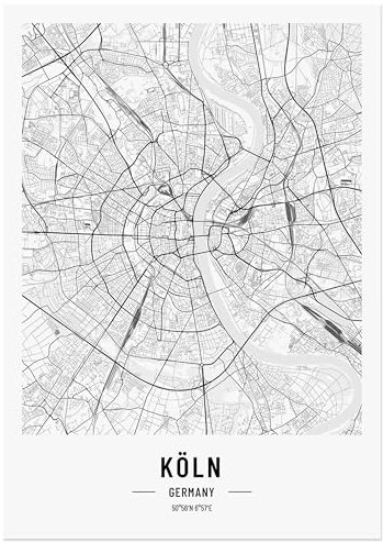 JUNOMI® Köln Poster DIN A2 Schwarz Weiss, DIN A2 Wohnzimmer Deko, Modernes Wandbild, Köln Bild, Wandbild ohne Rahmen, Stadtplan Poster Köln, perfekte Geschenkidee für Kölner