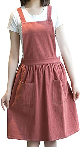 Barrageon Mujeres Largo Delantales 2 Bolsillos Correas Ajustable Algodón Cafetería Restaurante Vintage Barbacoa Bar Arreglos Florales Cafetería Cocinar Hornear Ropa de Trabajo Unisexo (Rojo)