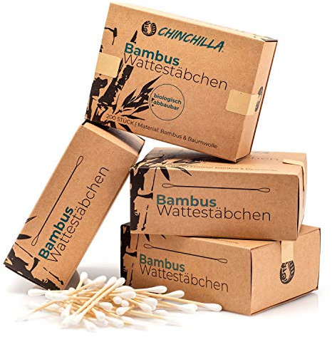 Chinchilla Bambus Wattestäbchen (200 Stück) | 100% Biologisch Abbaubar, Kompostierbar, Vegan & Nachhaltig