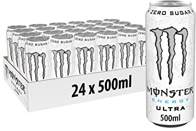 Monster Energy Ultra White Energy Drink, 500ml, Pack of 24 | Aluminum can, taurine 0.4%, caffeine 0.03%, vitamins B3 B5 B6 B12, zero sugar, carbonated