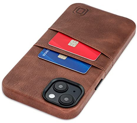 Dockem Card Case for iPhone 14 Plus with Built-in Metal Plate for Magnetic Mounting & Wallet with 2 Holder Slots: M2 Exec Premium Synthetic Leather (Brown)