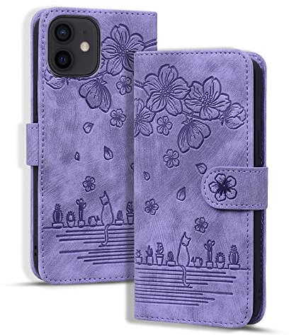 Rosbtib Hülle für iPhone 12/12 Pro, Premium PU Leder Schutzhülle Magnetic Closure Standfunktion Flip Cover Handyhülle für iPhone 12/ iPhone 12 Pro (Lila Katze)