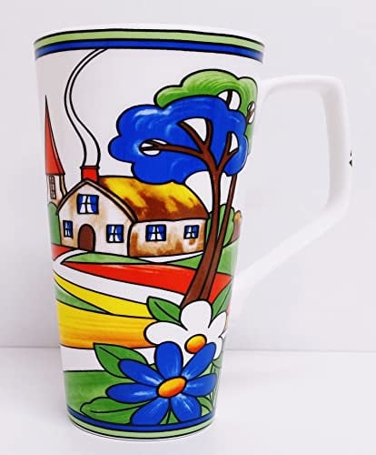 Village Art Deco Mug Fine Bone China Large Latte 500 ml 17 fl oz Exclusive Colourful Countryside Scene Hand Decorated UK