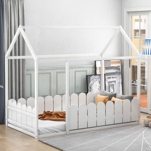 Kinderbett Holzhaus Bett Bodenbett Bettgestell 80x160 Hausbett Massivholz Kinder Bett Baumhausbett Bettenhaus aus Holz Spielbett Holz (Weiß)
