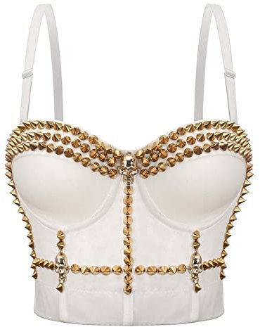 BHs für große Brust, nicht verdrahtet, modische Oberteile, Damen, verziert, Camisole goldene Nieten, Bühnenkleidung, Damenoberteile, Perlenkorsett, Fischgräten-Korsett, weiß, Medium
