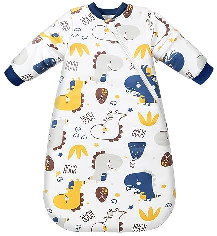 MIKAFEN Baby Schlafsack Winter 3,5 Tog mit abnehmbaren Ärmeln, Schlafsack aus 100% Baumwolle mit Armen, Kleine Dinosaurier 78-90cm/14-24 Monate