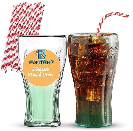 Fonteme Coca Cola Libbey Green Gläser mit 10 Strohhalmen – 42 ml Fassungsvermögen | Coca-Cola-Gläser-Set perfekt für Limonaden, Säfte und mehr, rote und weiße flexible Papierstrohhalme