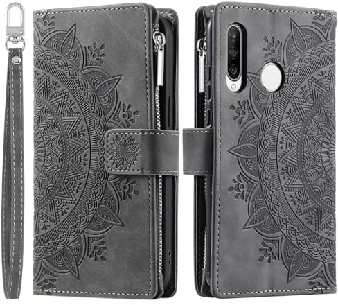 VEEMOS Handyhülle für Huawei P30 Lite hülle Klappbar Blumen Handytasche Schutzhülle Klapphülle mit Kartenfach Handy Tasche Book Cover Flip Case Ständer - Grau