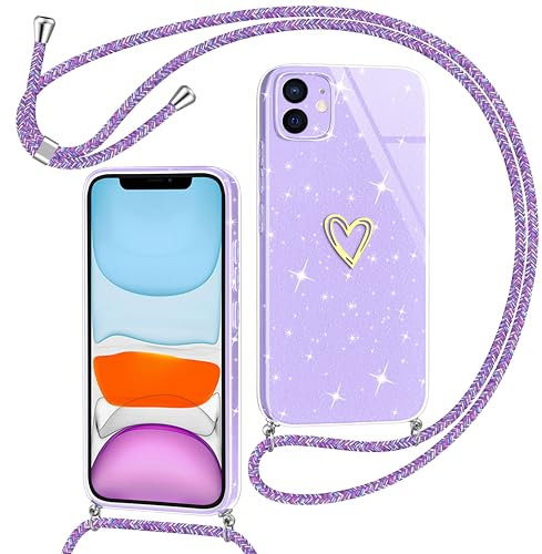 Yichxu Funda con Cuerda para iPhone 11, Patrón de Corazón Silicona Carcasa con Cordón, Glitter Case con Ajustable Correa Colgante, Protección contra Caídas Caso para iPhone 11, Púrpura