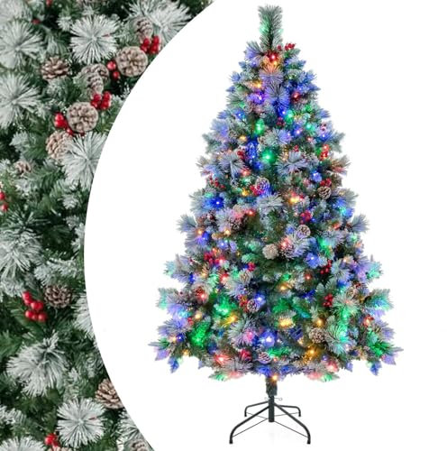SPOTRAVEL 6 FT/7FT Pre-Lit Xmas Tree, Hinged Artificial Christmas Tree with 747/1116 Branch Tips, 350/400 LED Lights, Pine Cones & Red Berries, Holiday Decoration Tree for Home Office Party (7FT)
