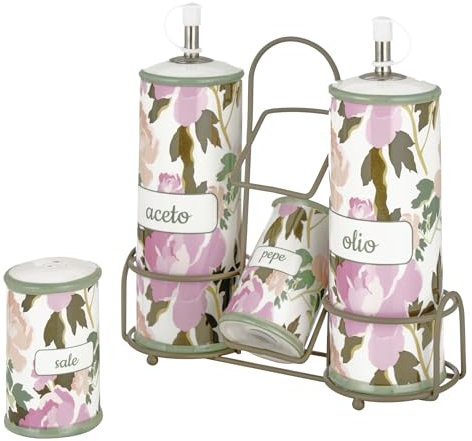 Baroni Home Menage Öl-Essig-Salz-Pfeffer aus Keramik mit Metallständer, farbenfrohes, langlebiges Küchenzubehör, Rose Line, 21X8X22cm