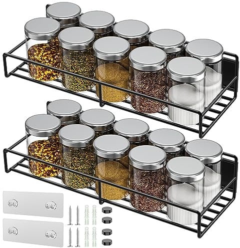 Cosicosy Magnetic Spice Rack, 2 Pack Spice Rack Organizer, Space Saver for Refrigerator and Microwave Oven, Screw or Adhesive Hanging Spice Rack for Spice Jars and Seasonings