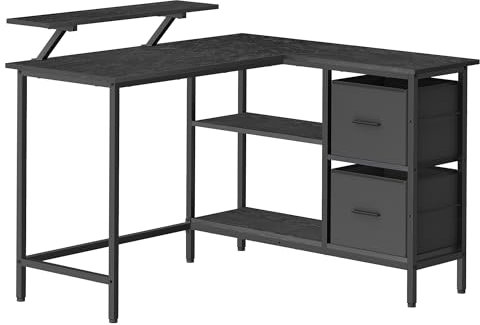 VASAGLE Scrivania per Computer a L, Scrivania ad Angolo con 2 Cassetti Spaziosi e Supporto per Monitor, Ripiano Regolabile, per Ufficio Studio, Nero Ebano LWD097B56